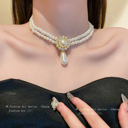 镶钻水滴珍珠双层吊坠，项链法式小众轻奢锁骨，链时尚高级感项饰