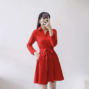 v领连衣裙春夏，韩版修身中长款时尚长袖，气质红色衬衫裙子女连