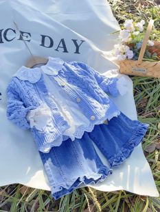 俊妈童装女童女宝宝儿童春装K2韩版baby蓝镂空毛衣针织开衫