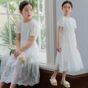 夏季女童雪纺刺绣白色蕾丝裙连衣裙 童装短袖裙子 中大儿童公主裙