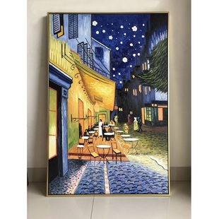 梵高夜间的咖啡馆，竖版手绘玄关过道装饰壁画奥弗尔，教堂向日葵挂画