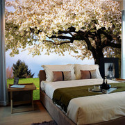 温馨卧室沙发床头背景墙壁纸风景树林浪漫婚房餐厅装饰3壁画田园