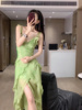 法式小众设计高级感绿色荷叶边吊带连衣裙女夏季温柔风气质仙女裙