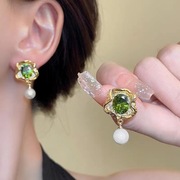 波西米亚绿宝石耳钉女s925纯银，短款珍珠耳饰妈妈款耳环不规则复古