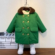 男童军绿色大衣加棉加厚保暖中长款外套儿童，冬装加厚宝宝冬季棉衣