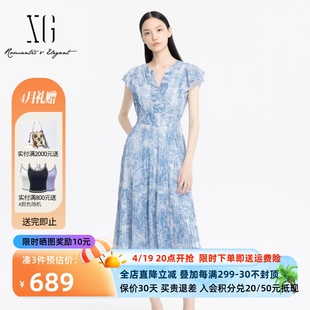 xg雪歌新中式轻国风连衣裙，女2024夏v领气质长裙xj204053b496