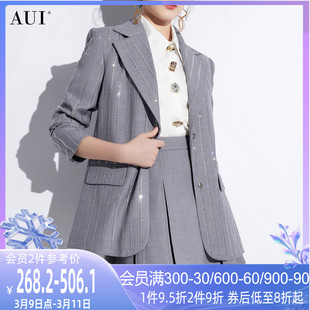 AUI灰色条纹职业西装套装女2024年早春高端气质百褶裙两件套