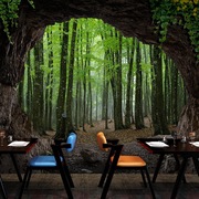 3d立体墙布背景墙山洞大自然视觉延伸墙纸餐饮店茶室定制森林墙布