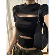 黑色镂空短袖t恤女夏设计(夏设计)感小众美式短款chic甜辣妹修身显瘦上衣