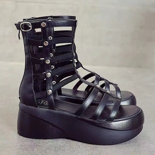 品牌断码黑色39码厚底罗马女靴镂空露趾高跟显瘦个性铆钉凉靴