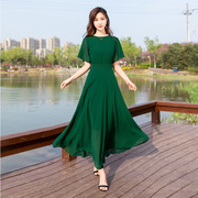 香芋紫墨绿色裙子连衣裙夏 季短袖遮肉气质到 脚踝的长款收腰长裙