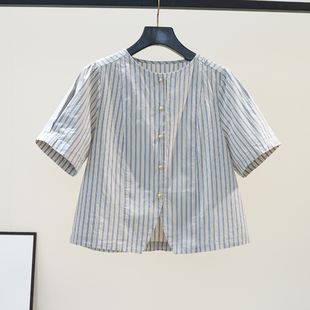 复古风蓝色条纹衬衫女设计感短款衬衣2024夏季小个子宽松圆领上衣
