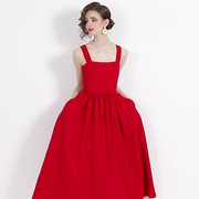 24春夏方领红色小礼服，裙子高级感平时可穿无袖，收腰大摆吊带连衣裙