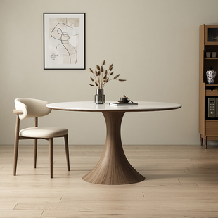 德利丰实木岩板餐桌家用小户型，简约纯白餐厅，圆形饭桌复古圆桌