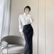 春夏国风防晒新中式薄纱衬衫白色上衣黑色包臀半裙两件穿搭女