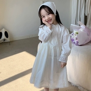 女孩白色公主连衣裙2024春秋，宝宝洋气蕾丝法式长裙儿童打底裙