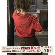 jmwomen酒红色印花短袖t恤女夏季日系复古学生，宽松半袖t恤上衣