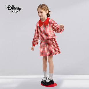 23春上新迪士尼童装女童可爱翻领长袖套装儿童毛线短裙两件套