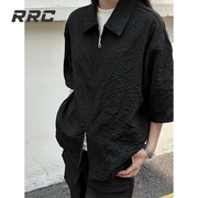 RRC  23SS 褶皱纹理解构拉链翻领黑色cleanfit衬衫休闲上衣男女