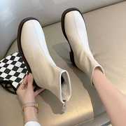 加绒小短靴女2023年冬季平底软皮靴子白色短靴女瘦瘦靴马丁靴