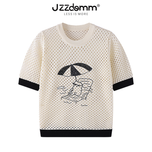 九州诚品/JZZDEMM卡通猫刺绣镂空撞色时尚针织短袖宽松罩衫上衣女