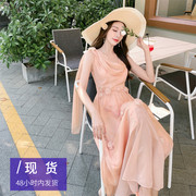 yesjing原创设计法式浪漫轻薄雪纺连衣裙女高级感绑带无袖长裙夏