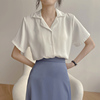 白色衬衫女短袖雪纺2023夏季韩版宽松港味复古西装领职业衬衣