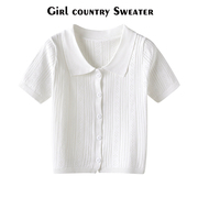 白色镂空针织polo衫女短袖夏季冰丝t恤翻领修身小个子香风短上衣