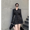 法式黑色长袖衬衫连衣裙女设计感小众春秋季气质收腰赫本风百褶裙