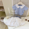 女童娃娃领短袖t恤2024洋气宝宝衣服夏装蛋糕裙半身裙两件套