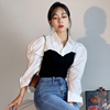 韩国chic夏季小众设计款翻领撞色拼接假两件针织泡泡袖衬衫上衣女
