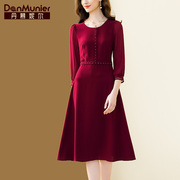 丹慕妮尔红色连衣裙高端大牌春秋女装气质收腰中长款裙子
