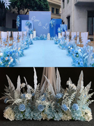 婚庆绢花蓝色系路引点，花地排花婚礼，背景墙布置花排婚礼场景装饰花