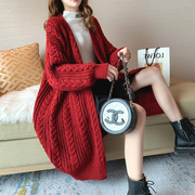 毛衣针织开衫女2023年秋冬红色，宽松慵懒风，加厚中长款上衣外套