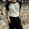 男士圆领短袖针织衫夏季薄款宽松潮流设计感拼色插肩袖t恤麻花纹