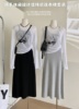 JMSHOP 猫系女子 印花宽松长袖t恤罩衫修身吊带裙子中长款两件套