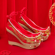 超高跟秀禾婚鞋女春秋内汉服，鞋红色坡跟新娘鞋古风中式绣花鞋