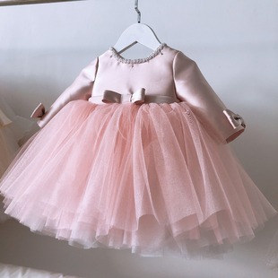 女童周岁礼服粉色蕾丝，长袖公主裙小宝宝生日，钢琴蝴蝶结儿童蓬蓬纱