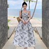 外贸沙滩裙女夏季三亚度假大理洱海水墨连衣裙适合海边拍照的裙子