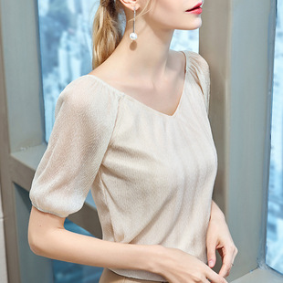 欧货v领白色雪纺衫女短袖，薄款2023欧洲站体恤灯笼袖上衣洋气