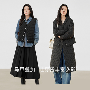 对白时尚轻薄中长款连帽棉服，女2023冬马甲宽松两件套保暖外套