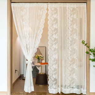免打孔魔术贴窗帘窗纱帘法式白色蕾丝客厅，阳台飘窗门帘隔断穿杆帘