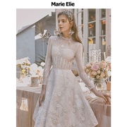 MarieElie圆领长袖纯色连衣裙亮片钉珠长裙白色