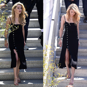 Amber Heard同款黑色修身显瘦单排扣侧开衩中长款吊带连衣裙夏季
