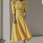 奢华高端连衣裙，韩国dintd4385高腰斜纹，软呢泡泡袖中长裙