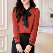红色蝴蝶结独特设计气质打底上衣雪纺衫女早春季长袖衬衫修身
