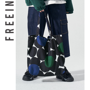 FREEIN原创 韩版帆布袋圆点印花购物袋托特包ins风百搭学生单肩包