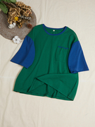 棉兰壹旧2023休闲运动女装夏季蓝绿色拼接宽松圆领中袖针织大T恤