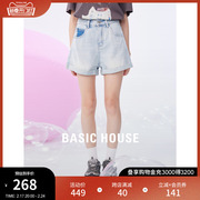 Basic House/百家好高腰牛仔短裤女2024夏季显瘦小个子a字裤