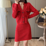 小香风春秋红色套装v领针织开衫上衣条纹半身裙短裙小个子两件套